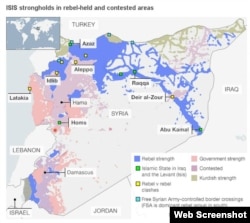 Сириядағы көтерілісшілер иеленген аймақтар. ISIS ықпал ететін маң жасыл түспен боялған (BBC сайты суретінен жасалған скриншот)